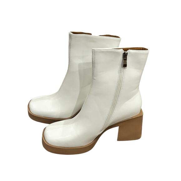 Isnom NWB Square Toe Ankle Boots Sz 7.5 White Comfort Chunky Heel Dressy Preppy - Picture 1 of 9